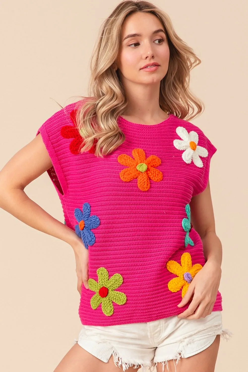 TEEK - Fuschia Flower Round Neck Cap Sleeve Knit Top