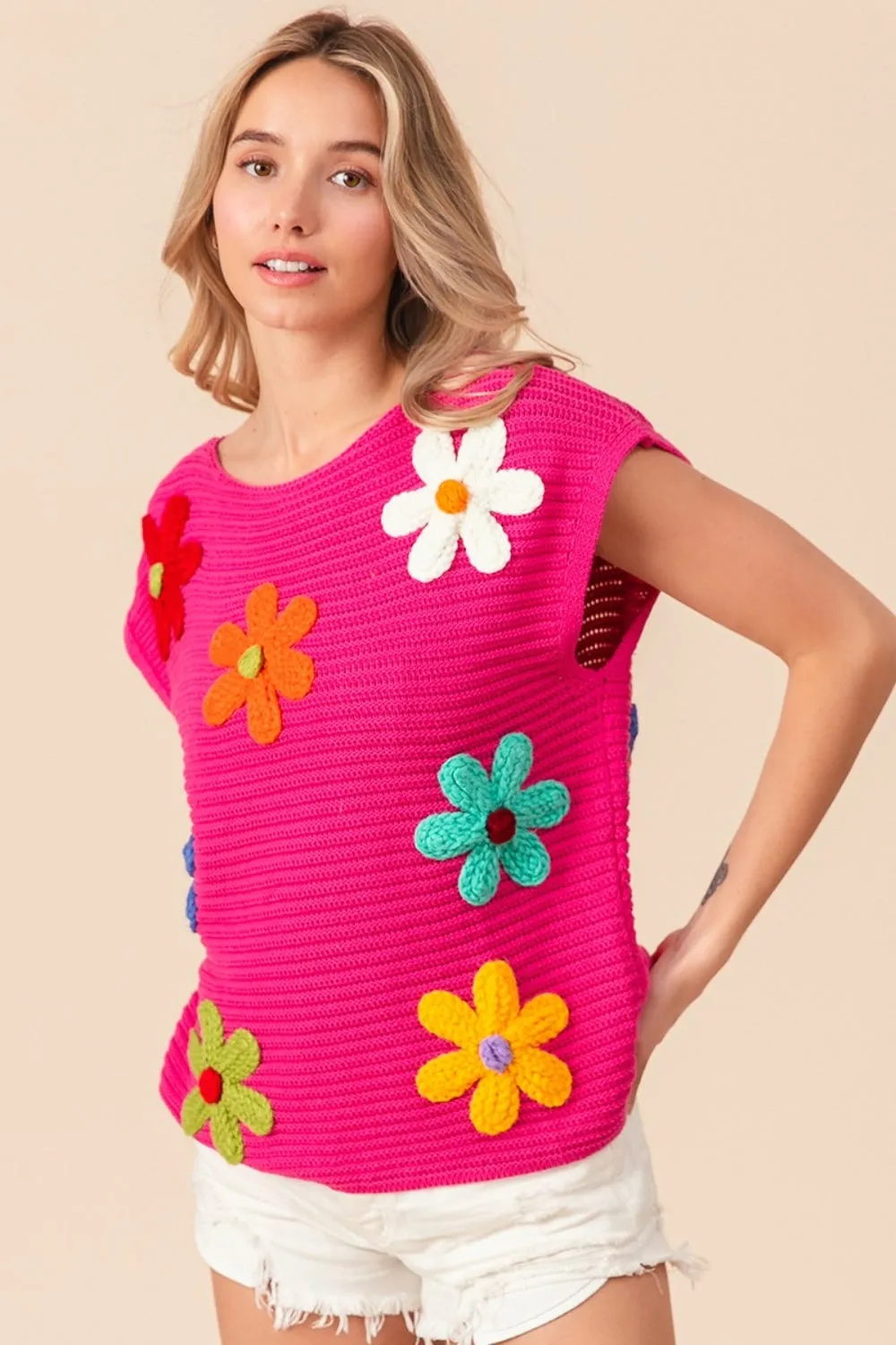 TEEK - Fuschia Flower Round Neck Cap Sleeve Knit Top