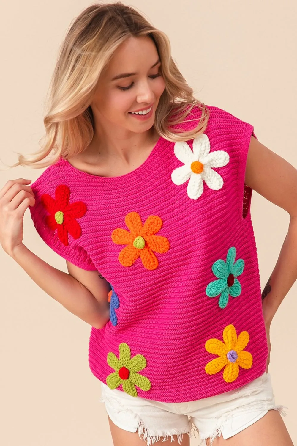 TEEK - Fuschia Flower Round Neck Cap Sleeve Knit Top