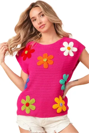 TEEK - Fuschia Flower Round Neck Cap Sleeve Knit Top