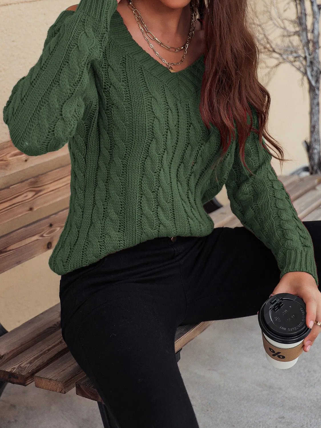 TEEK - Honey Cable-Knit V-Neck Cold Shoulder Sweater