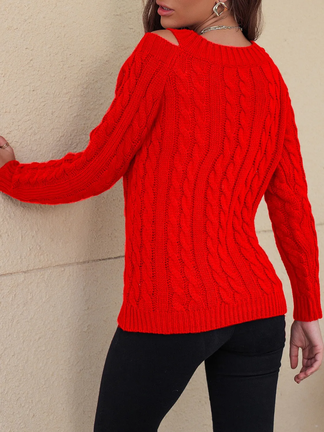 TEEK - Honey Cable-Knit V-Neck Cold Shoulder Sweater