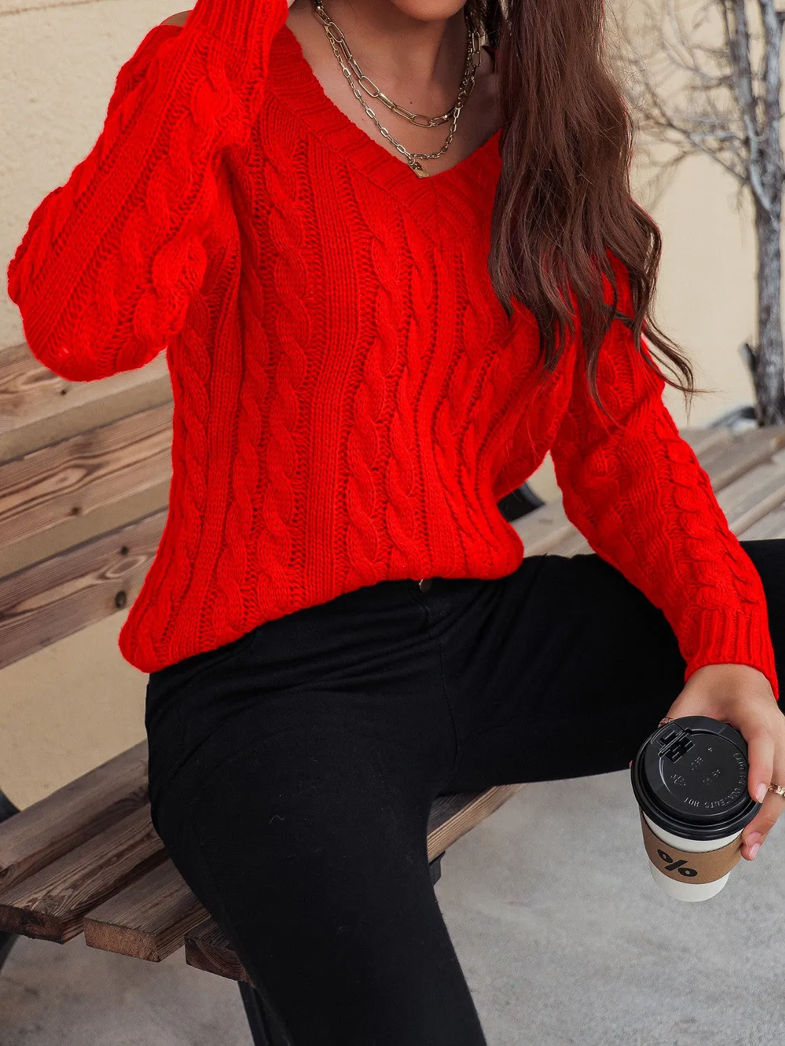 TEEK - Honey Cable-Knit V-Neck Cold Shoulder Sweater