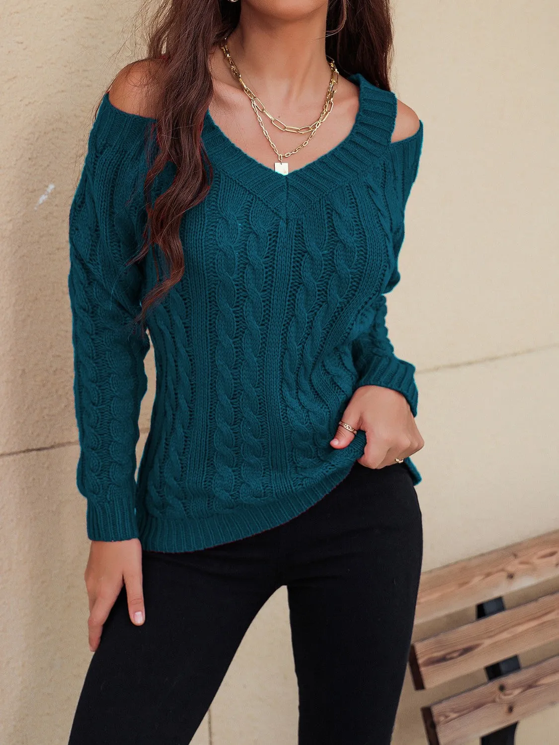 TEEK - Honey Cable-Knit V-Neck Cold Shoulder Sweater