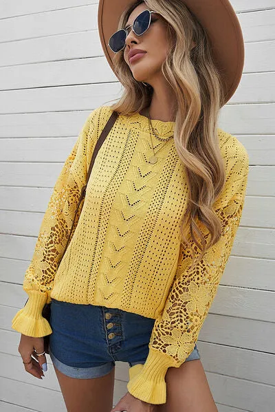 TEEK - Lace Lantern Sleeve Dropped Shoulder Sweater