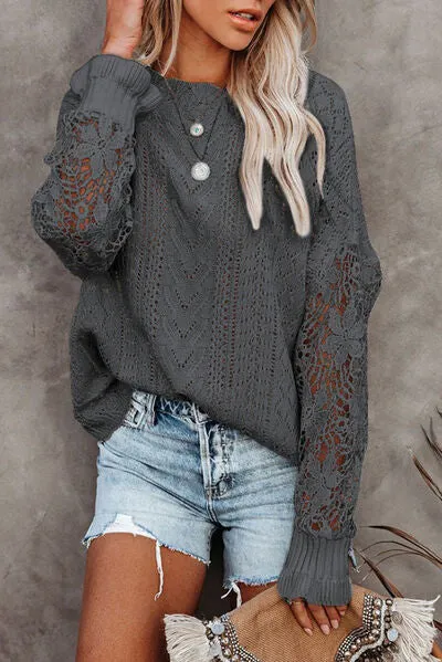 TEEK - Lace Lantern Sleeve Dropped Shoulder Sweater