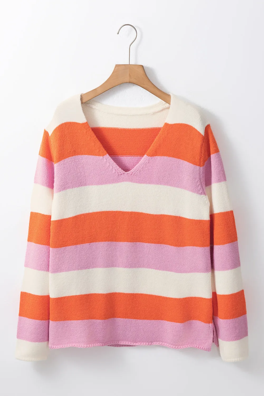 TEEK - TangerineColor Block V-Neck Long Sleeve Sweater