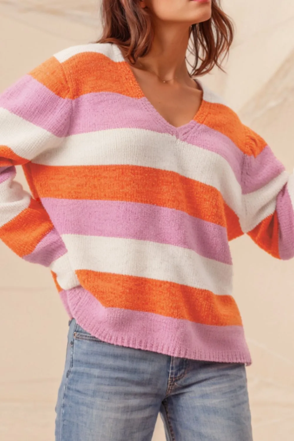 TEEK - TangerineColor Block V-Neck Long Sleeve Sweater