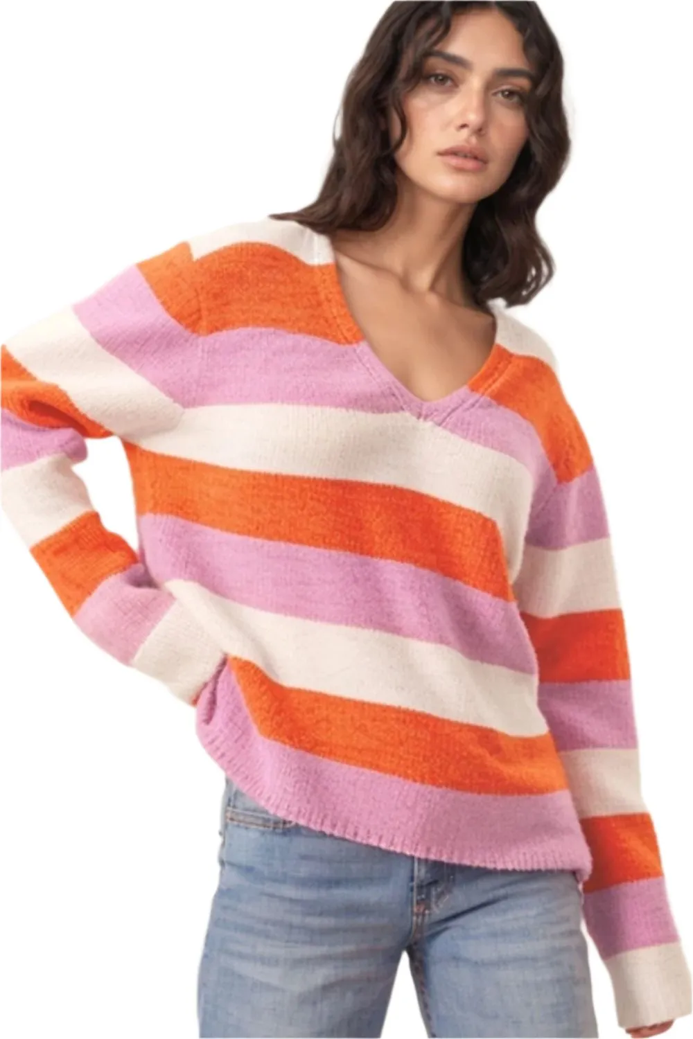 TEEK - TangerineColor Block V-Neck Long Sleeve Sweater