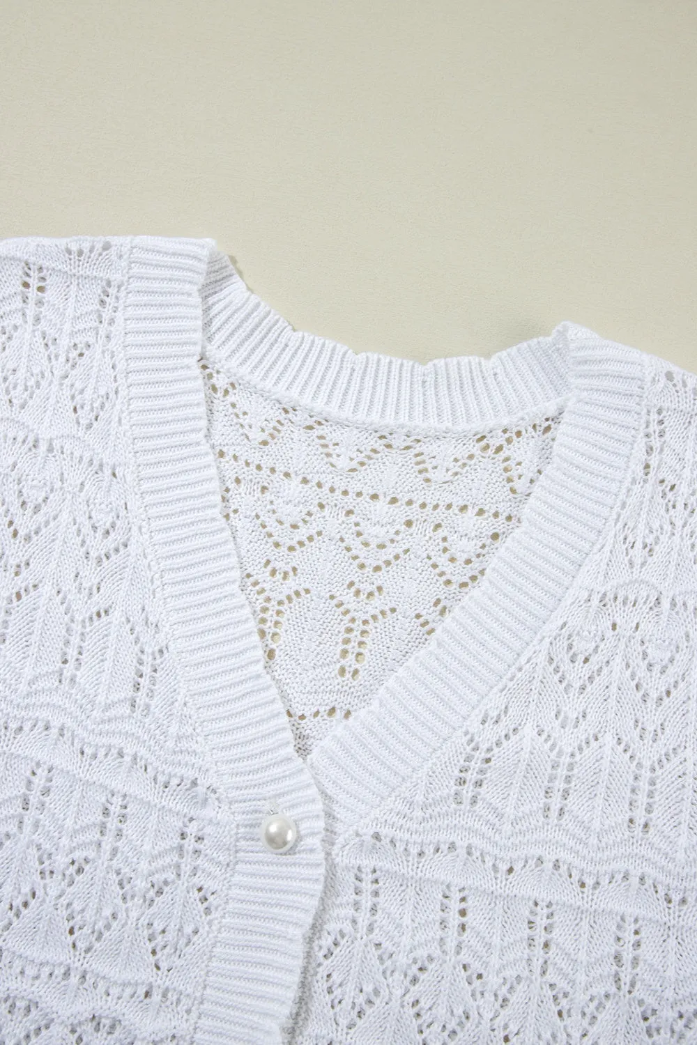 TEEK - White Openwork V-Neck Half Sleeve Cardigan