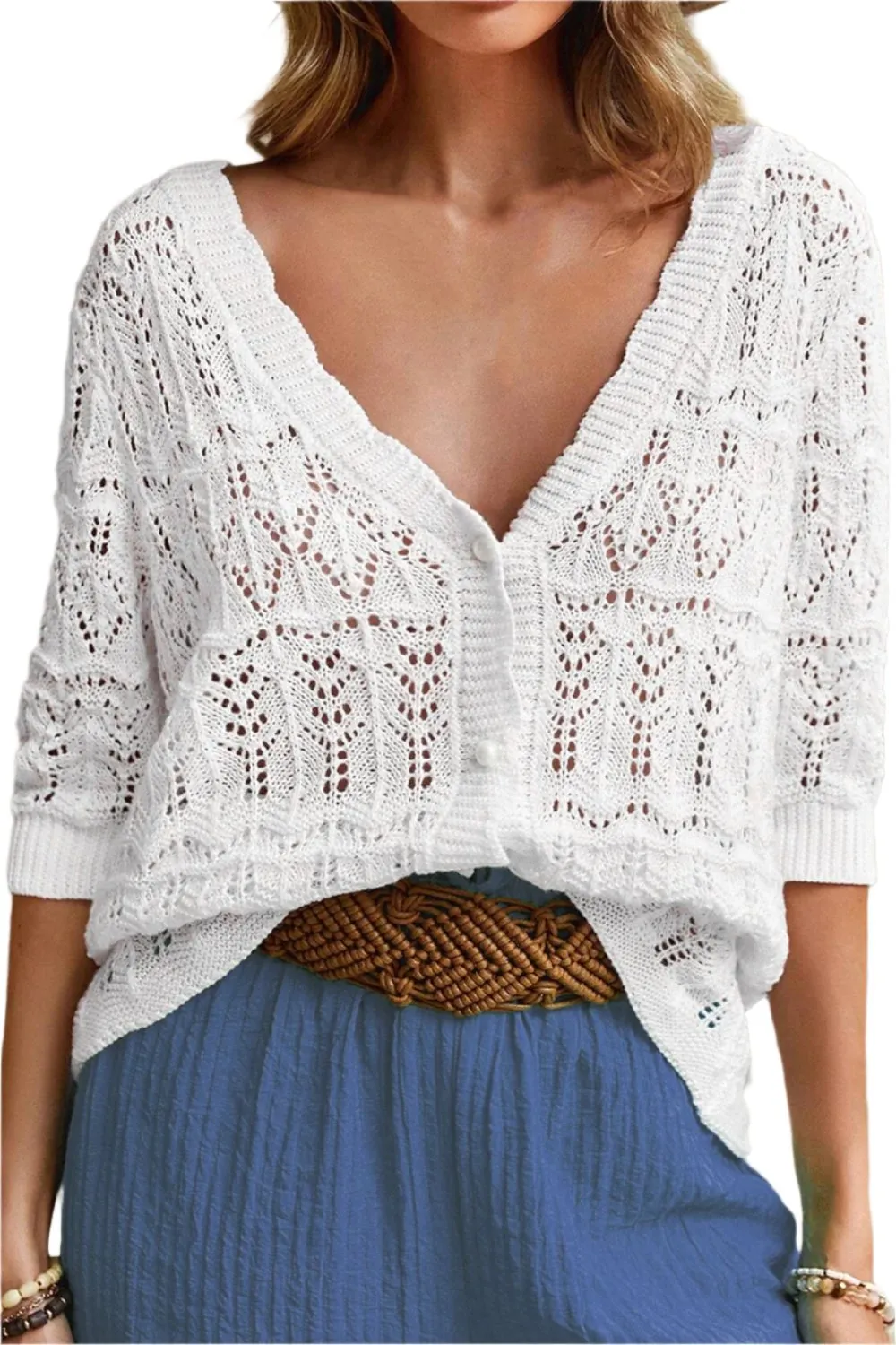 TEEK - White Openwork V-Neck Half Sleeve Cardigan