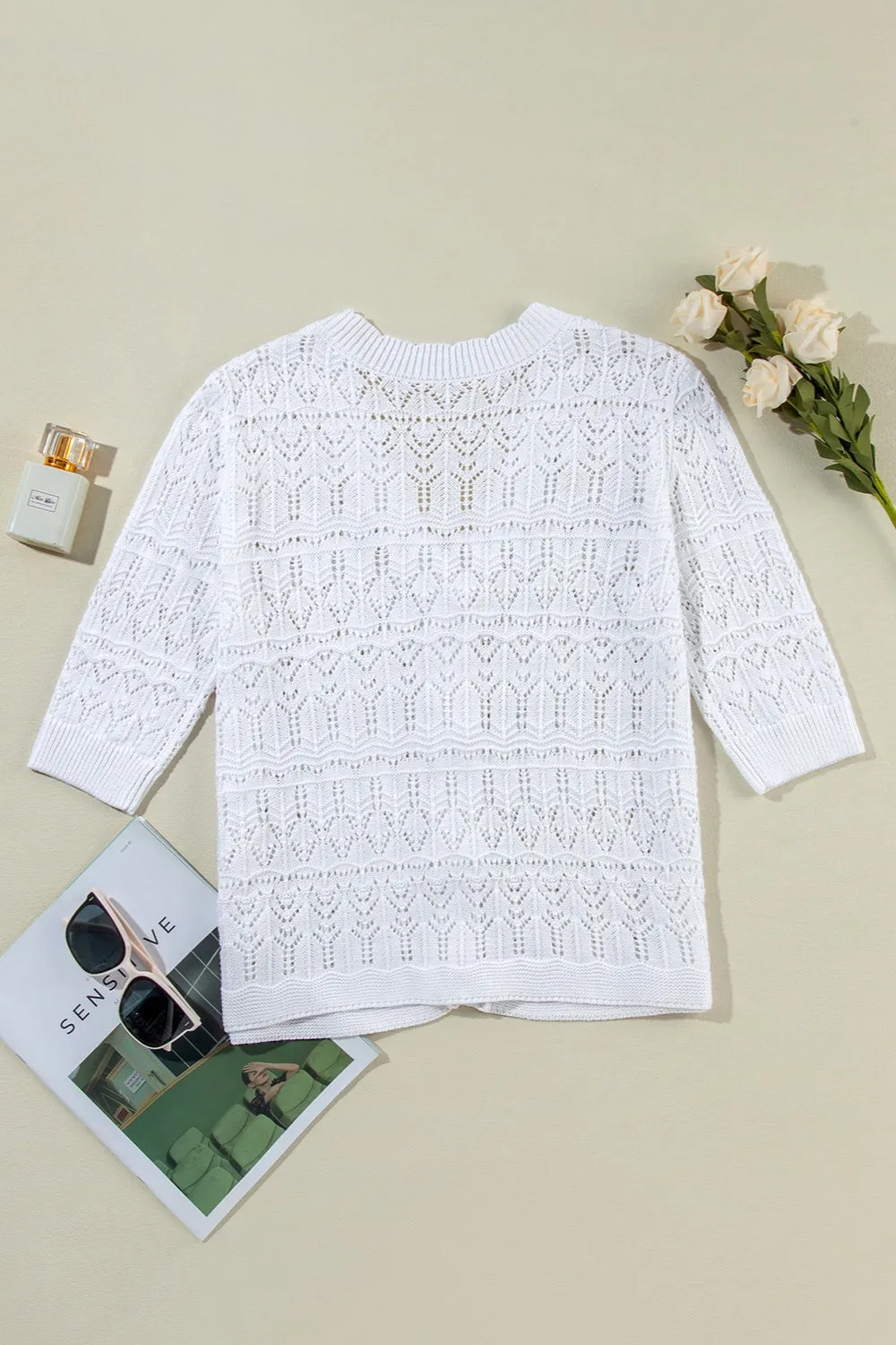 TEEK - White Openwork V-Neck Half Sleeve Cardigan