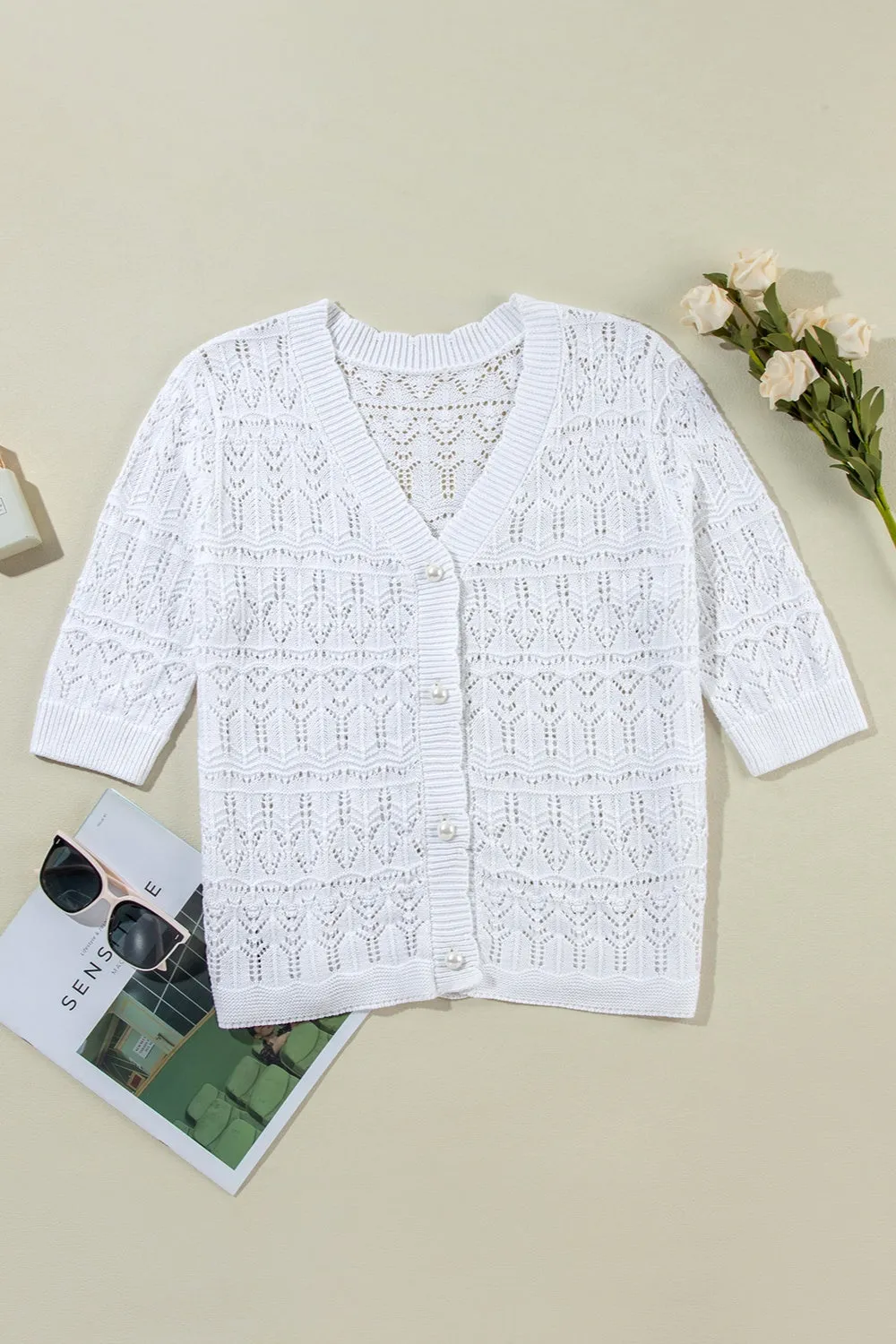 TEEK - White Openwork V-Neck Half Sleeve Cardigan