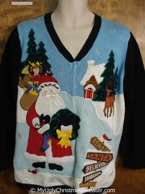 Two Sided Santa and Reindeer Tacky Christmas Sweater