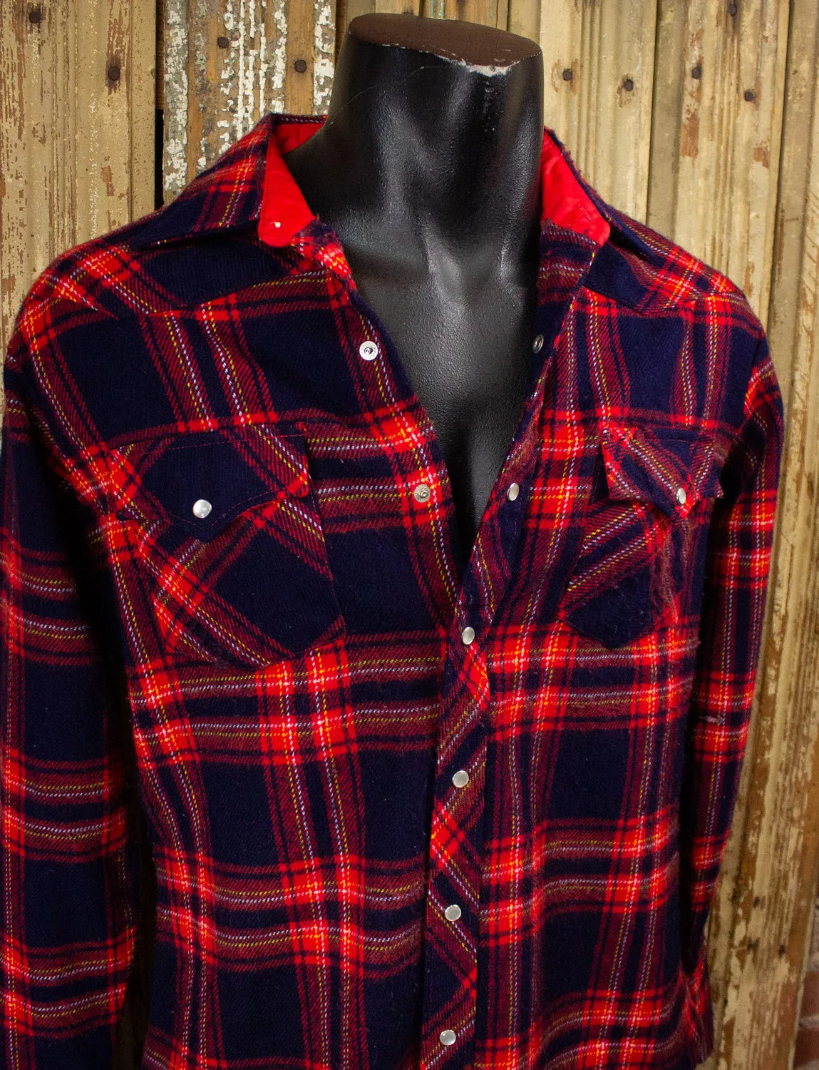 Vintage Rugged Red and Navy Blue Plaid Flannel Western Shirt 80s Large