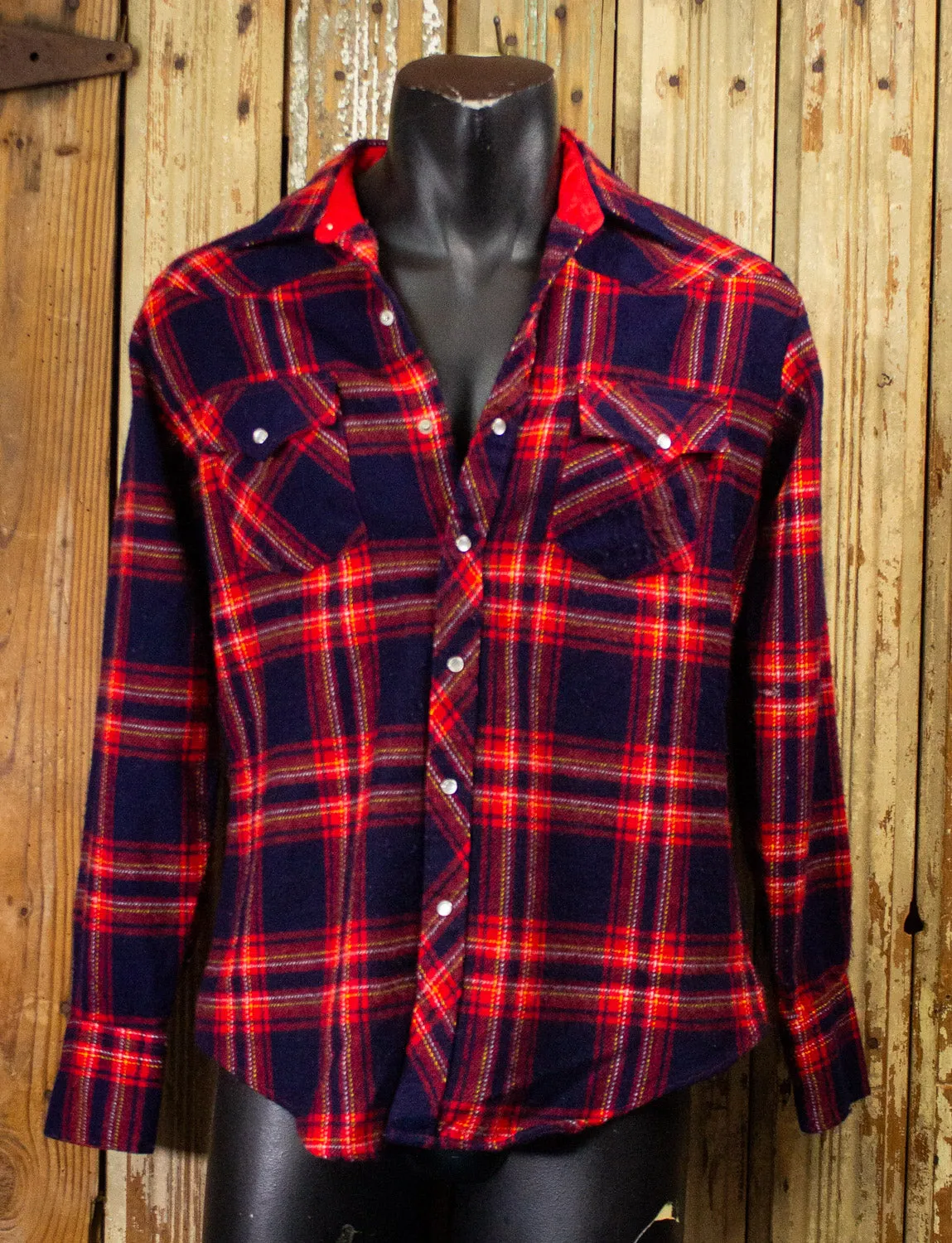 Vintage Rugged Red and Navy Blue Plaid Flannel Western Shirt 80s Large