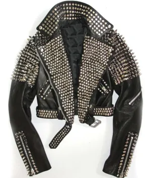 Women Black Leather Rock Women Steam Punk Style Studded Biker Jacket Silver Long Studs