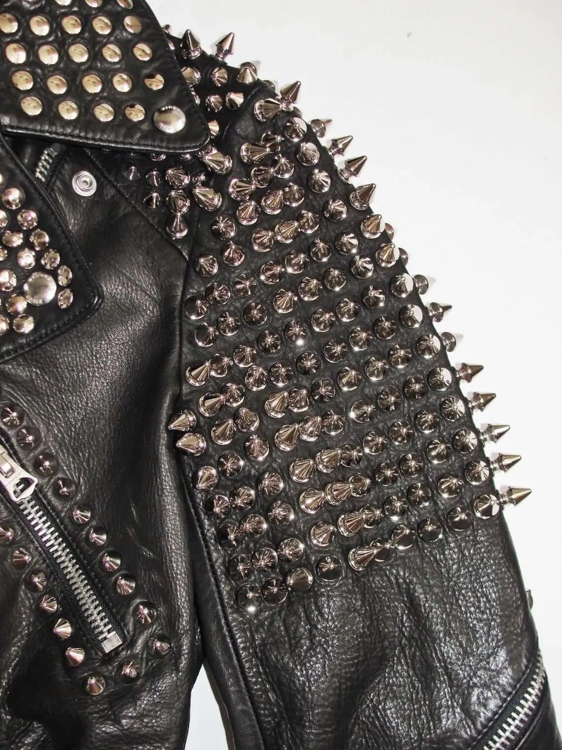 Women Black Leather Rock Women Steam Punk Style Studded Biker Jacket Silver Long Studs