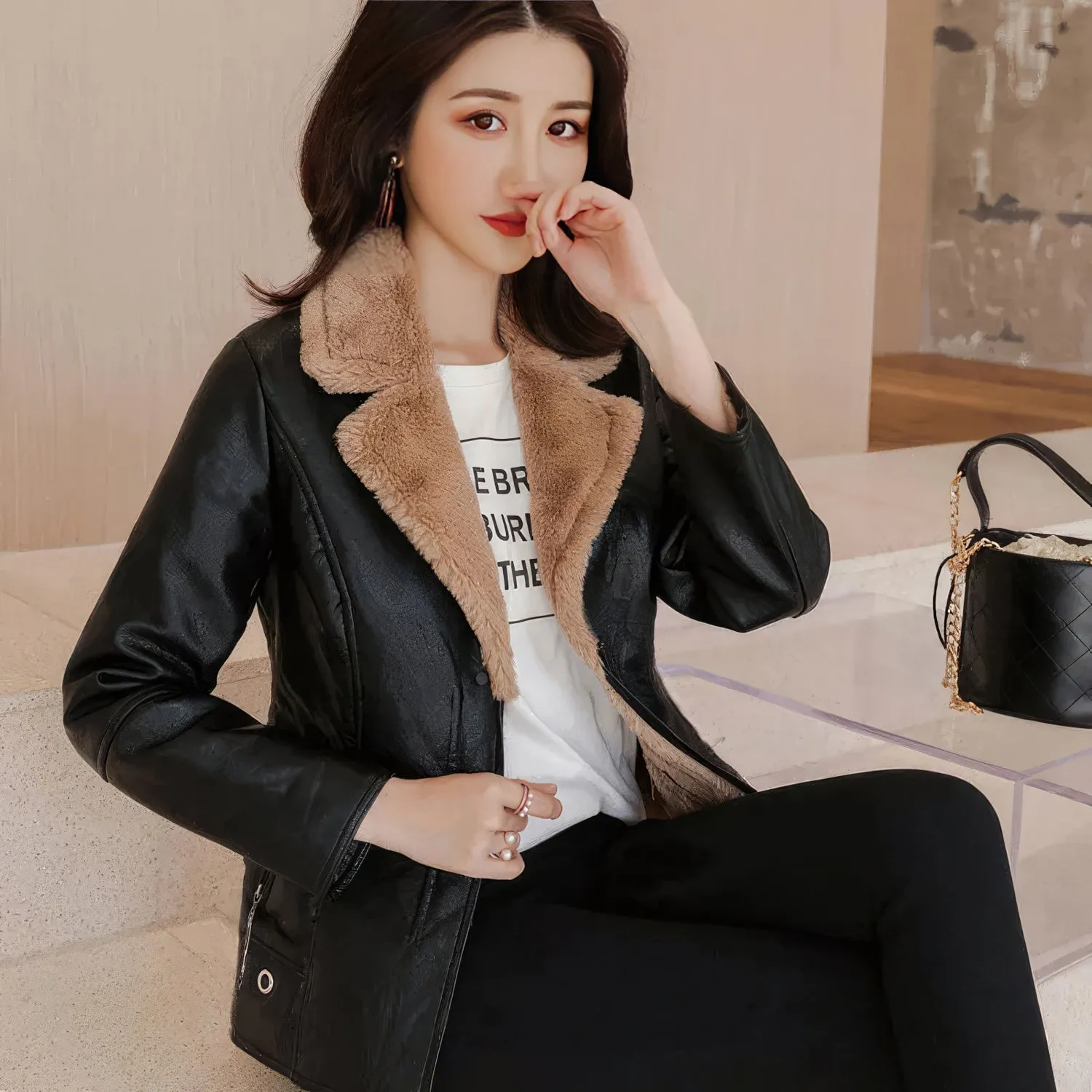 Women’s Black Biker Genuine Sheepskin Sherpa Shearling Faux Fur Lined Café Racer Korean Fashion Motorcycle Slim Fit Leather Jacket