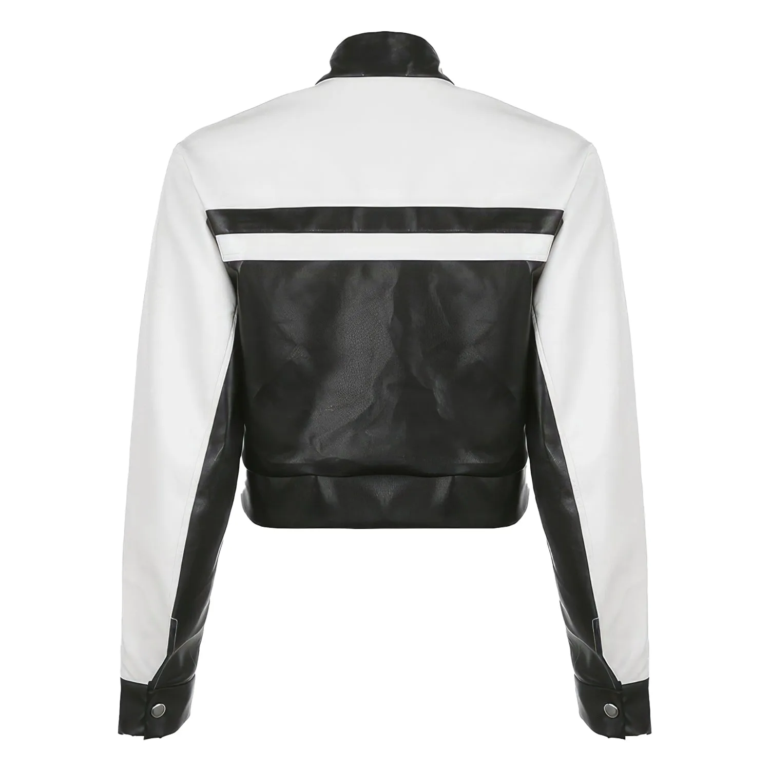 Women’s Black White Biker Genuine Sheepskin Stand Collar Oversized Cropped Top Hip Hop Punk Style Sporty Racer Leather Jacket