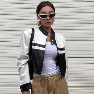 Women’s Black White Biker Genuine Sheepskin Stand Collar Oversized Cropped Top Hip Hop Punk Style Sporty Racer Leather Jacket