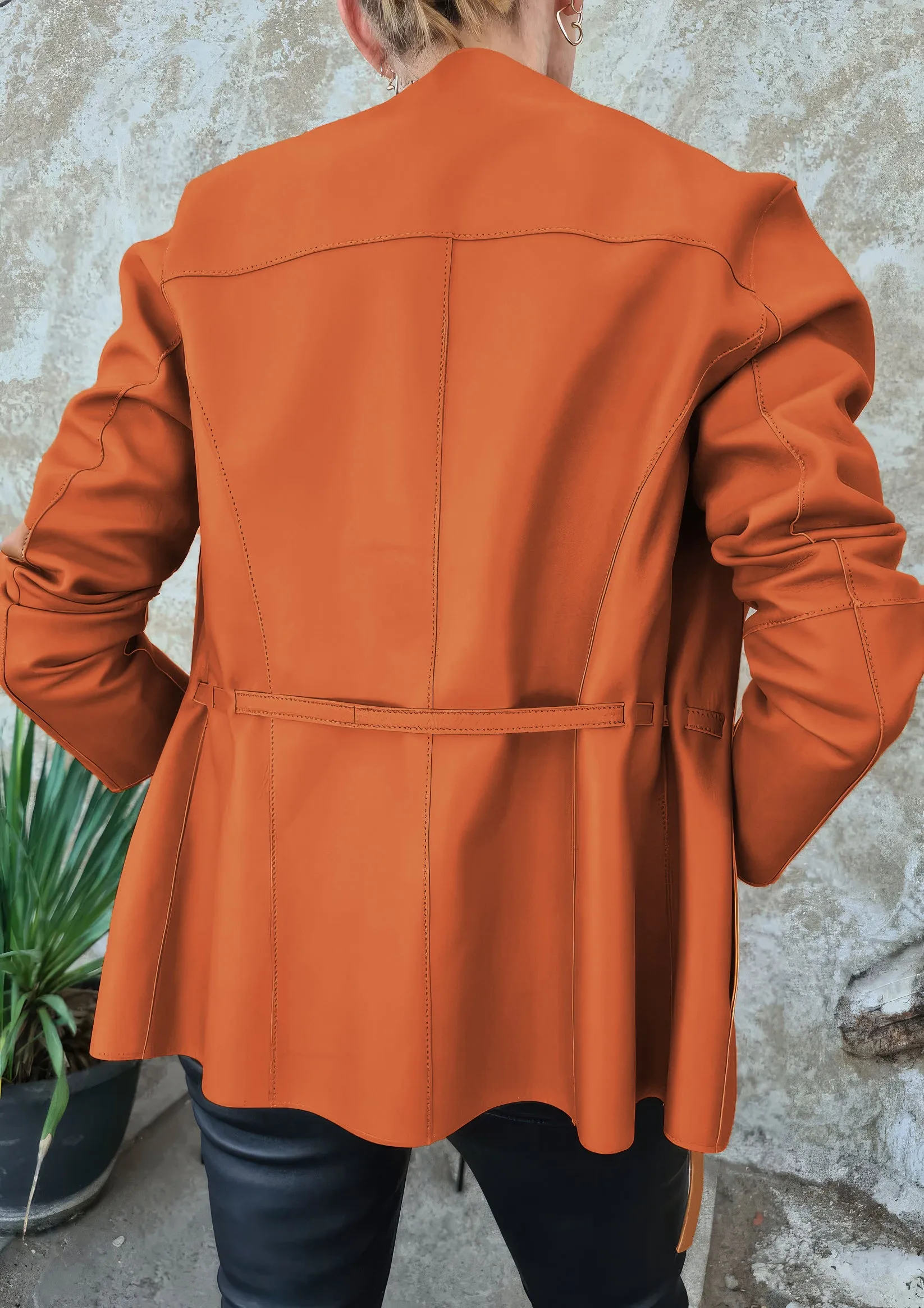 Women’s Orange Genuine Sheepskin Round Neck Casual European Streetwear Top Fashion Pleated Simple Classic Leather Coat